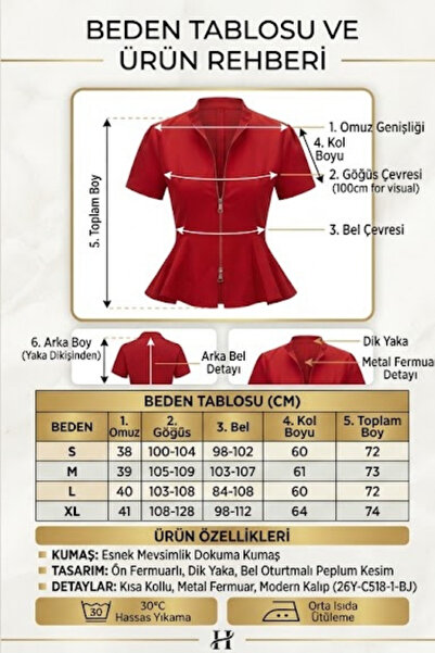 cemo Fermuarlı Peplum Bluz Kısa Kollu Bel Oturtmalı Şık Tasarım