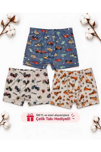 Erkek Çocuk 3’lü Boxer Pamuklu İç Çamaşırı Karışık Desenli