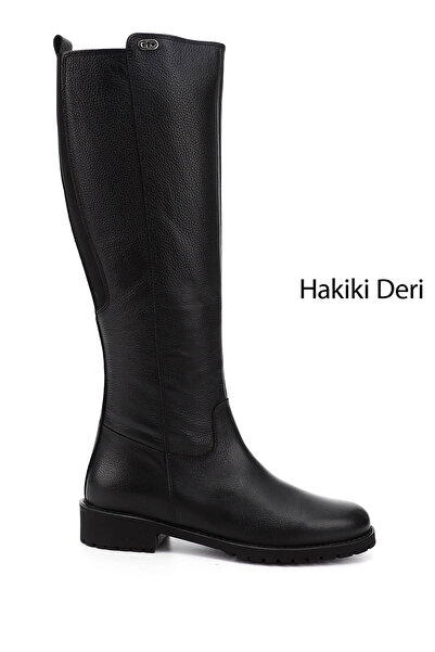 GÖNDERİ(R) Kadın Siyah Floter Fermuarlı Kauçuk Taban Hakiki Deri Çizme