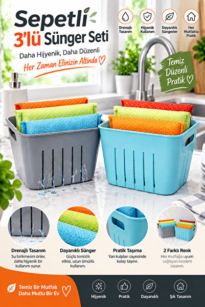 grimorlife 3-Piece Dish Sponge Set with Basket – Drainable Organizer, Hygieni...
