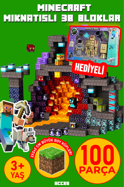 acces Minecraft Manyetik Blok 100 Parça Büyük Boy Küpler Hediye Figür Setli E...