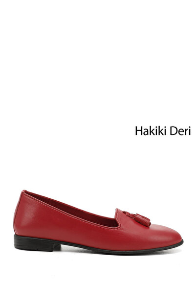 GÖNDERİ(R) Kadın Kırmızı Antik Hakiki Deri Püsküllü Babet