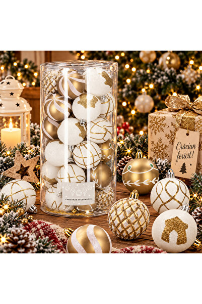 SERSIMO Set globuri de Crăciun cu modele festive, 30 bucăți, 6 cm, aurii
