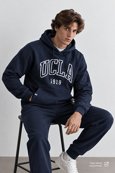 UCLA Jepsen Navy Blue Hooded Embroidered Fleece-Lined Standard Fit Men's Swea...