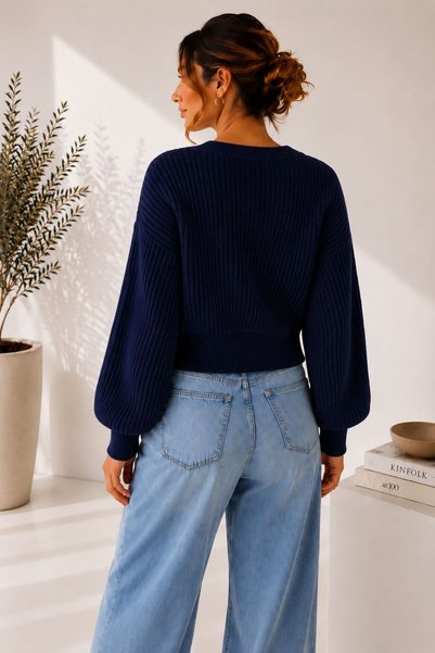 YUGA KNİTTİNG Women's basic ribbed knit button-detail cardigan