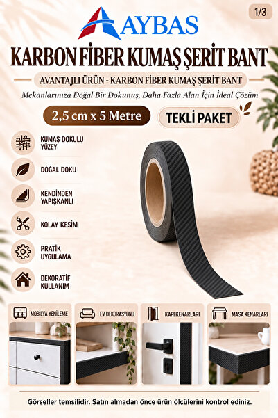 Aybas 2,5 cm x 5 Metre Siyah Karbon Fiber Desenli Yapışkanlı Kumaş Bant– Kend...