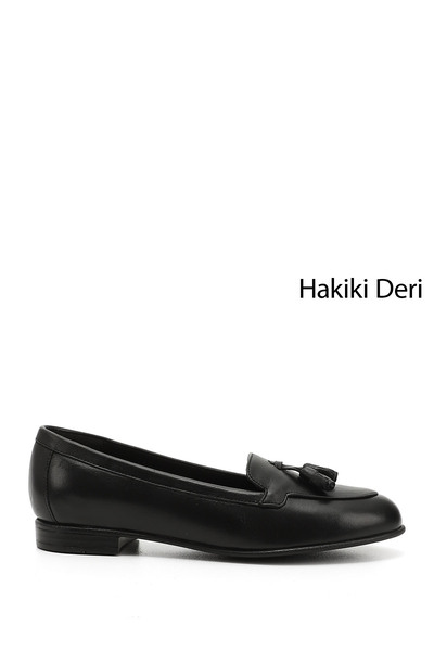 GÖNDERİ(R) Kadın Siyah Püsküllü Hakiki Deri Babet