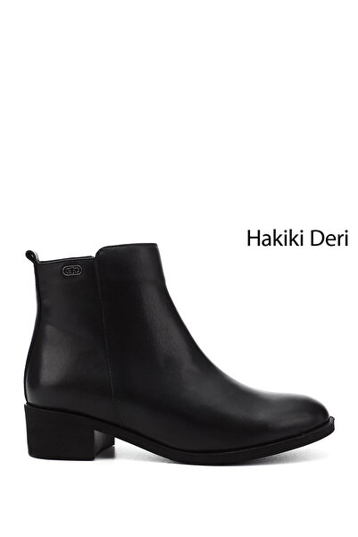 GÖNDERİ(R) Women's Black Zippered Thick Heeled Genuine Leather Boots