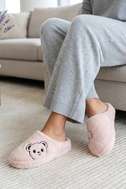 Beyond Women's Powder Teddy Bear Furry House Slippers Bynday01