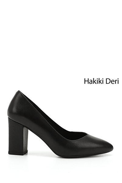 GÖNDERİ(R) Kadın Siyah Sivri Burun Yüksek Kalın Topuklu Hakiki Deri Ayakkabı