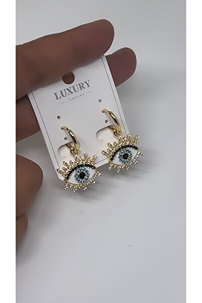 By Semra LUXURY Zirkon Taşlı Kirpikli Nazar Göz Model Çelik Kadın Küpe