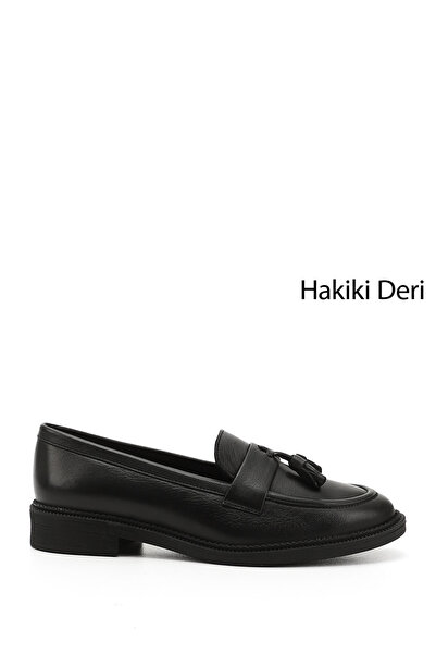 GÖNDERİ(R) Women / Girls Black Genuine Leather Tassel Loafer Shoes