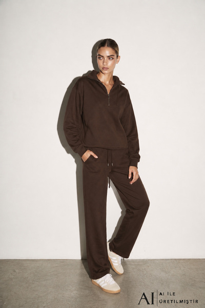 Amia&Co. Women's Brown 3 Thread Oversize Half Zipper Cotton Sweatshirt Tracks...