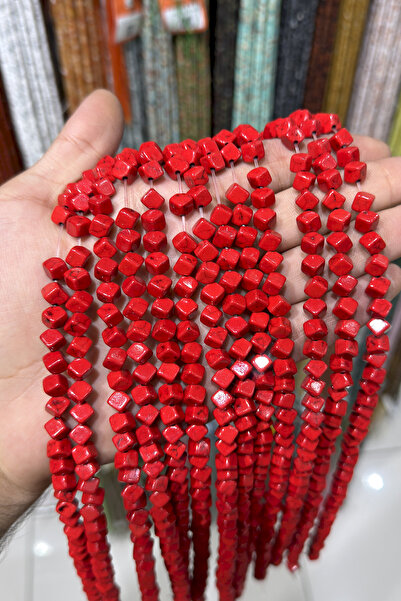 Uçar Doğaltaş Sıkma Turkuaz Küp Kesim Kırmızı 6x6mm Doğal Taş Dizi