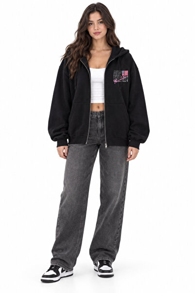 Weekeep Siyah Unisex Los Angeles Sırt Baskılı Fermuarlı Kapüşonlu Sweatshirt
