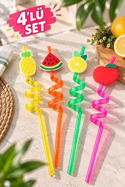 BOTE CONCEPT Colorful Plastic Cute Straw with Fruit Figures (4 Pieces)