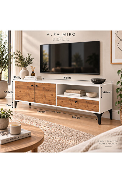 Alfimo Mobilya NOVA 2 KAPAKLI ÇEKMECELİ TV ÜNİTESİ BEYAZ&CEVİZ AFM141