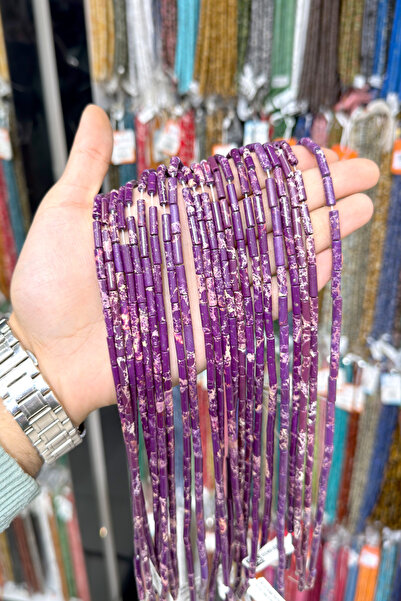 Uçar Doğaltaş Varisit Taşı Silindir Kesim Parlak Mor 4x13mm Doğal Taş Dizi [AA]