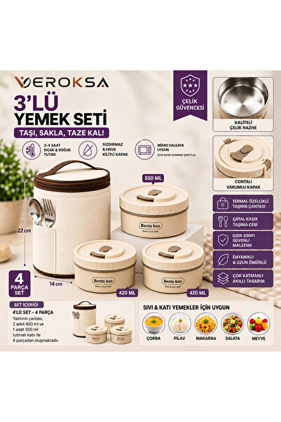 VEROKSA Bento Box Termal Yemek Kabı 4'lü Set | Çelik Lunch Box | Sızdırmaz Se...