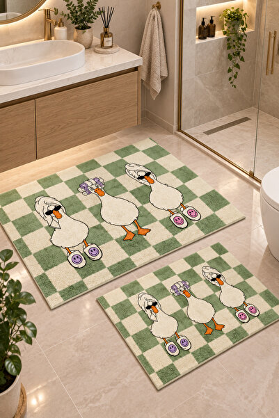 Zetahalı Digital Baskı Yıkanabilir Kaymaz Taban 2li Banyo Paspas Takımı 40x60...