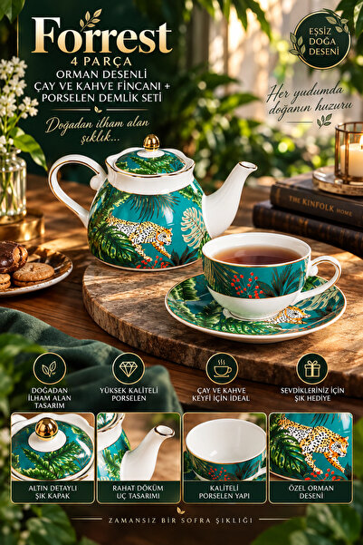 Tasarım Evi Forrest 4 Parça Orman Desenli Çay Ve Kahve Fincanı + Porselen Dem...
