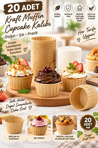 Tasarım Evi 20 Adet Kraft Muffin Cupcake Kalıbı Kek Kapsülü Naturel Kek Kalıb...