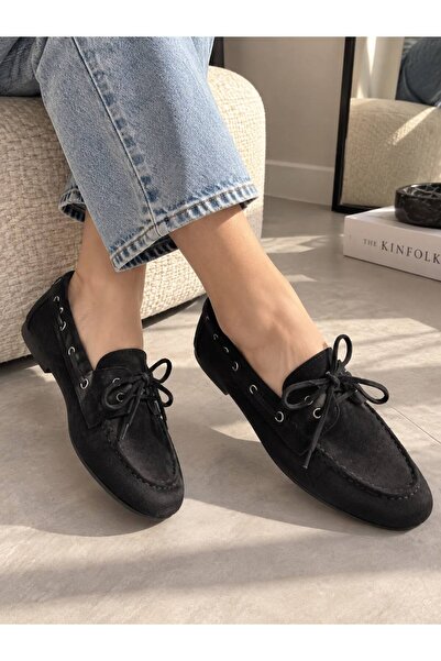 GNY AYAKKABI Women's Black Suede Plain Ballerinas - Soft Sole, Blunt Toe, Lac...