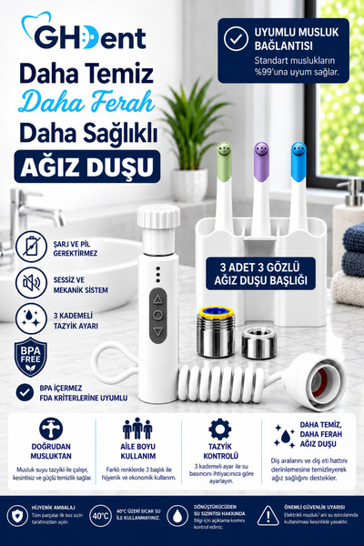 GHDENT Gh15 Manuel Ağız Duşu 3 Başlık | 3 Kademeli Tazyik | BPA FREE & FDA Kriterleriyle Test Edilmiştir.