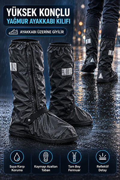 indirimsevinci Yüksek Konçlu Yağmur Ayakkabı Kılıfı Fermuarlı Reflektif Kayma...