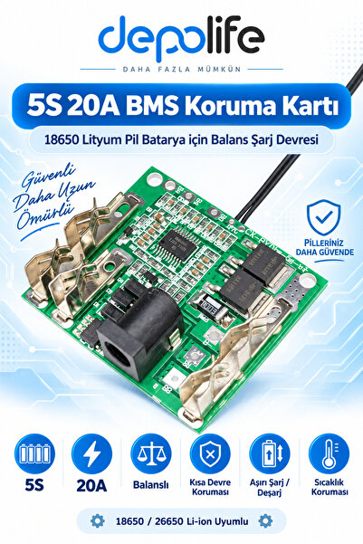 Depolife BMS 5S 20A Koruma Kartı 18650 Lityum Pil Batarya Li-ion Balans Şarj ...