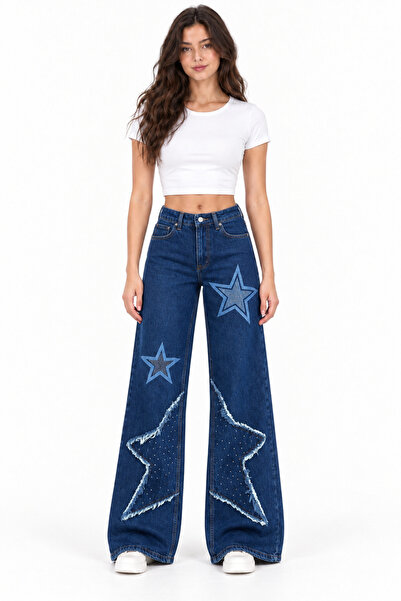 Weekeep Kadın Mavi Yıldız Yama Detaylı Taşlı Wide-Leg Jean Pantolon