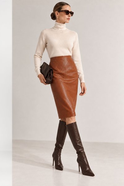 Deriderim Orange Elara Crocodile Patterned Genuine Leather Pencil Skirt