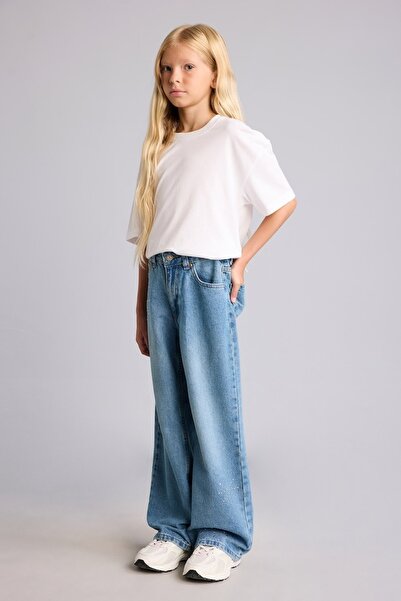 DeFacto 100% Cotton Straight Wide Washed Effect Jean Trousers for Girls I4477...