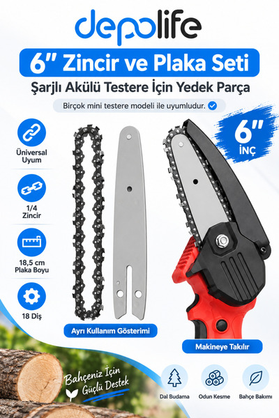 Depolife Şarjlı akülü Zincirli Testere 6" Zincir ve Plaka Yedek Parça odun ag...