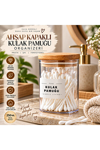 Tasarım Evi Ahşap Kapaklı Dekoratif Kulak Pamuğu Organizeri 250 Ml Akrilik Sa...