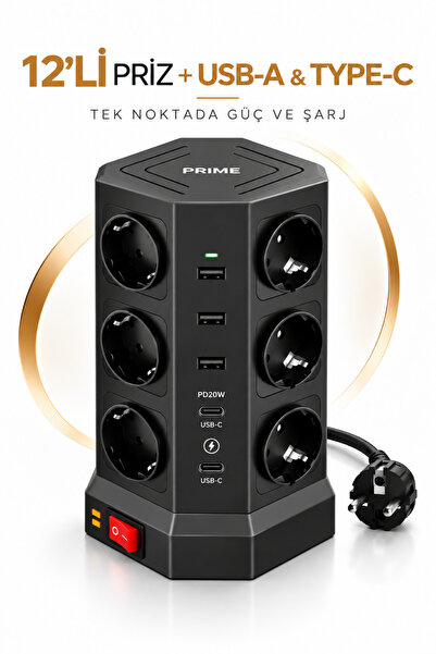 RAYLAX 12’li Priz Çoklu Akım Korumalı Uzatma Kulesi 3 USB-A 2 USB-C PD20W 368...