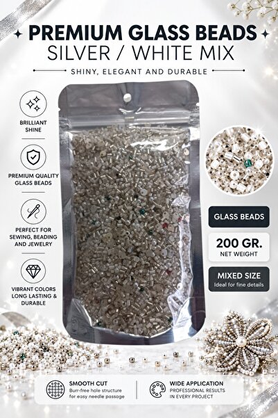 Boncuks 200Gr Gümüş & Beyaz Mix Cam Boncuk 2mm Pul Payet Aksesuarlı V8