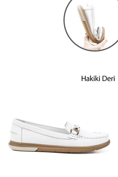 GÖNDERİ(R) Women's White Buckle Rok Genuine Leather Comfort Loafer