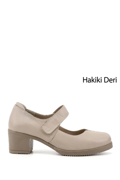 GÖNDERİ(R) Women's Light Beige Thick Heeled Mary Jane Genuine Leather Shoes