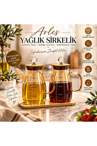 Tasarım Evi Arles 2'li Kristal Taşlı Bambu Altlıklı Borosilikat Cam Yağlık Si...