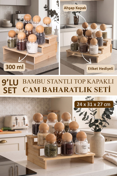 dnshome 9-Piece Wooden Ball Lid Set - Glass Spice Jar Set with Removable Bamb...