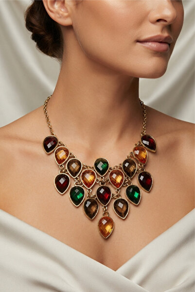 PETEK AKSESUAR RETRO DROP COLORED Rhinestone NECKLACE