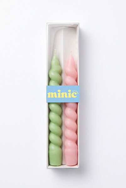 Minic Store 2'li Spiral Şamdan Mum Pembe & Yeşil 21cm