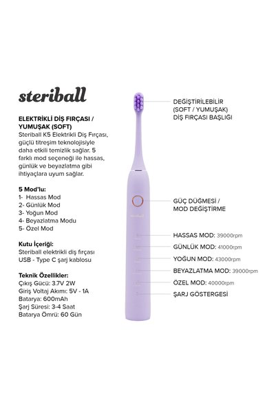 Steriball Elektrikli Diş Fırçası Lila - 5 Farklı Mod; Değiştirilebilir Fırça Başlığı; Type-c şarj