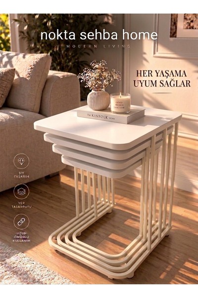 Nokta Sehpa Home 4LÜ TEKERLEKLİ KREM METAL BEYAZ TABLA YAN SEHPA ZİGON SEHPA ...