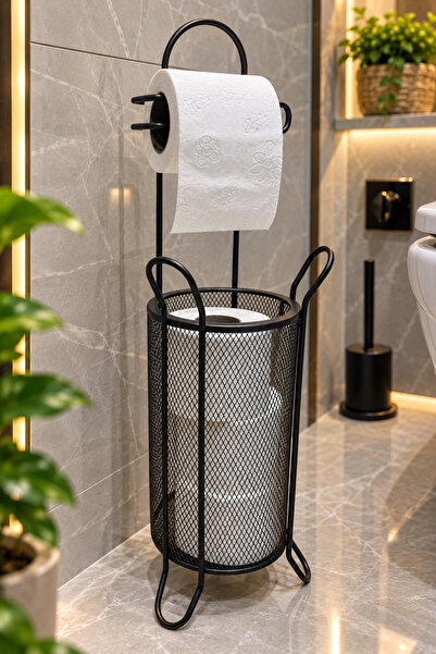 ANGDESİGN Siyah Sepetli Tuvalet Kağıtlığı Wc Kağıtlık Yedekli Metal Tuvalet K...