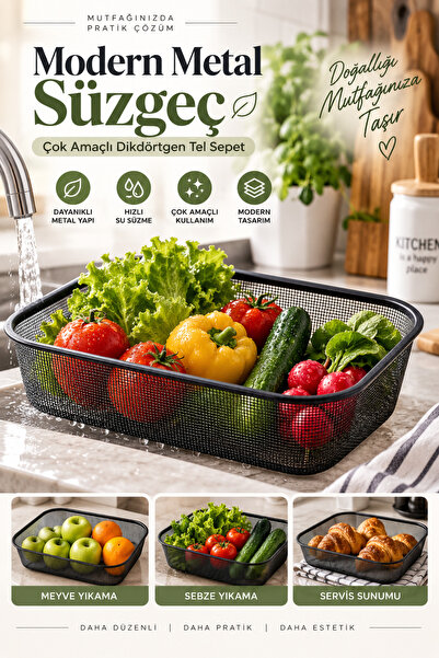 Tasarım Evi Modern Black Metal Strainer |   Multi-Purpose Rectangular Wire Ve...