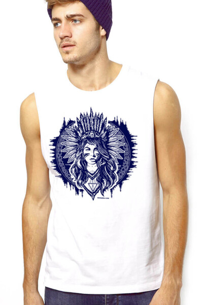 ROCKANDROLL Native American Girl White Cut Sleeve / Sleeveless Tshirt