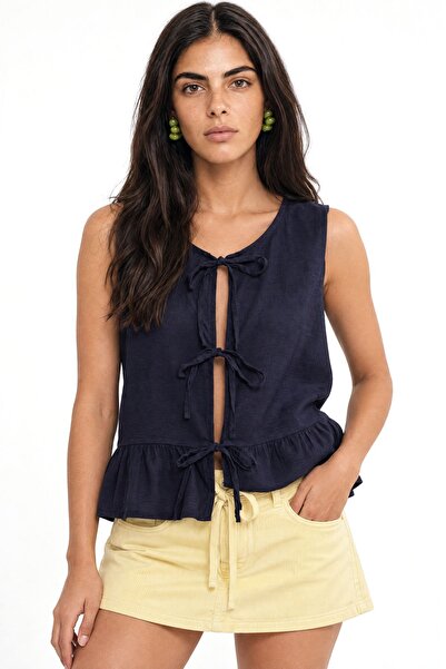 Hiccup Mixray Ruffled Front Lace-Up Blouse