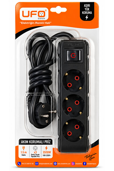 UFO 3500 w Akım Korumalı Anahtarlı Kablolu 1.5 mt Üçlü Grup Priz Siyah